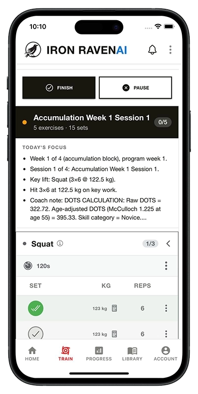 Powerlifting program generation showing session focus and coach notes